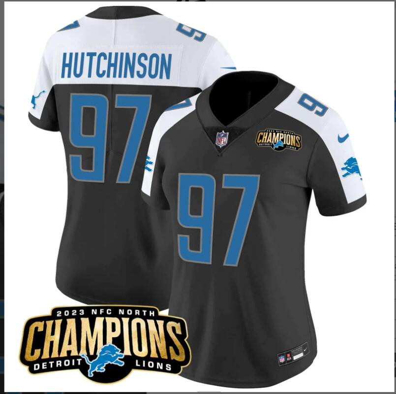 Women Detroit Lions 97 Hutchinson 2023 NFC North Champions Patch black 2024 NFL Nike jerseys